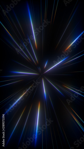 Colorful holographic warp speed jump. Futuristic laser beam explosion and cosmic zoom perspective for tech arts.