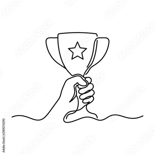 One line drawing of hand holding winning trophy cup with star, achievement and success award winner icon concept