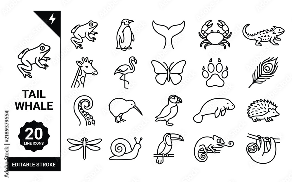 Fototapeta premium Wildlife and animal anatomy line icons featuring diverse species and unique biological traits.