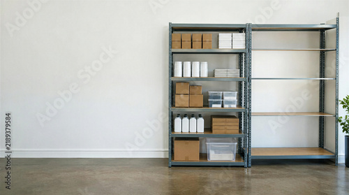 Small business storage shelf with neutral stock inventory