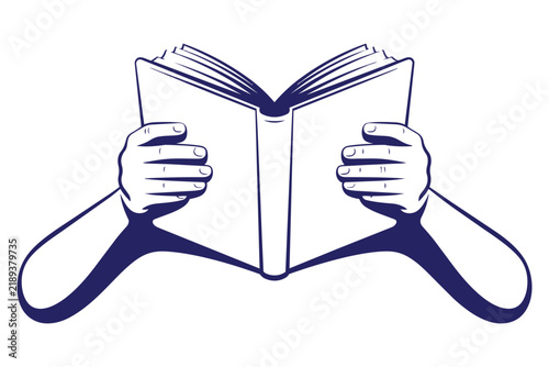 Graphic illustration of hands holding an open book representing education learning and literary artistic expression
