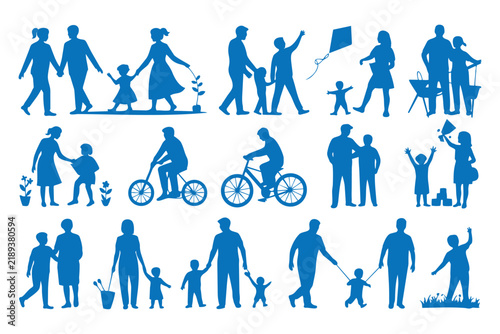 Group of families and parents spending time together with children playing outdoors in happy lifestyle poses
