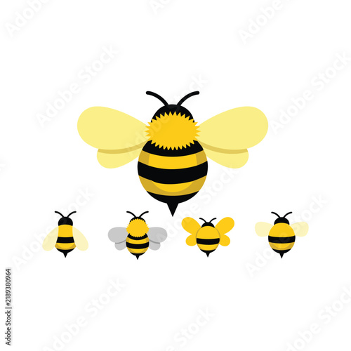 Group of small and large bumblebees illustrated in a flat simple design for various projects