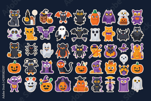 Halloween theme sticker set featuring various spooky characters pumpkins ghosts cats bats and festive elements