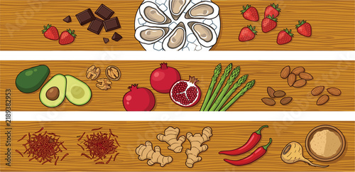 Bild auf Leinwand Healthy aphrodisiac food vector elements set banner with chocolate oyster strawb