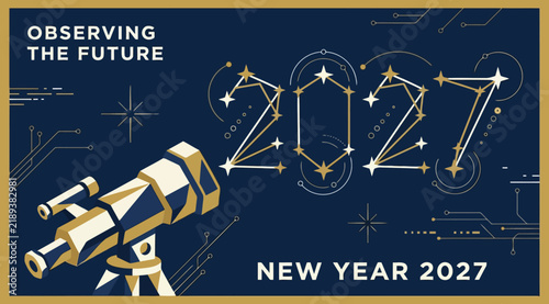 2027 new year banner with telescope and constellation typography, observing the future concept, dark blue background with digital circuit elements and stars, vector graphic design