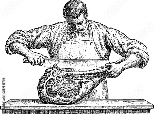Antique engraved butcher cutting meat illustration isolated on white background for culinary history label and poster design