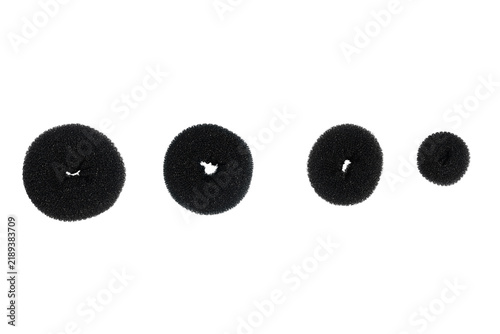 PNG Collection of Four Black Elastic Hair Scrunchies in Different Sizes with Dense Fuzzy Fabric Texture Isolated PNG Transparent Background PNG Hair Scrunchies