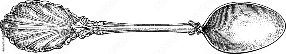 Fototapeta premium Antique engraving of ornate spoon isolated on white background for kitchen design and decorative utensil illustration
