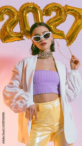 Woman in white coat holding 2027 balloons, fashion and celebration concept