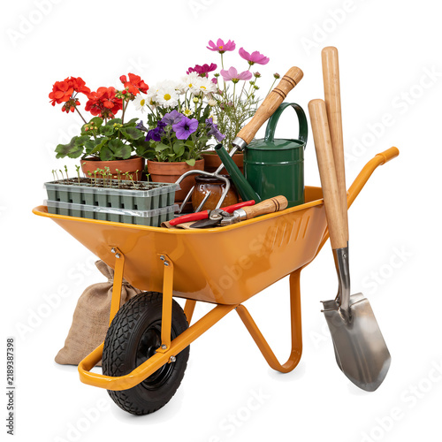 Yellow wheelbarrow packed with gardening essentials and blooming flowers gardening tools potted plants gardening supplies flower pots spring gardening watering can outdoor activity green thumb