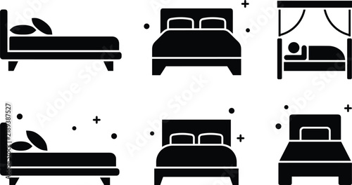 Bild auf Leinwand Hotel bedroom furniture and comfortable mattress bed icon set featuring canopy b