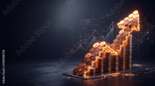 Financial growth concept, arrow made of coins indicating upward trend and stock market data, rising profit and investment