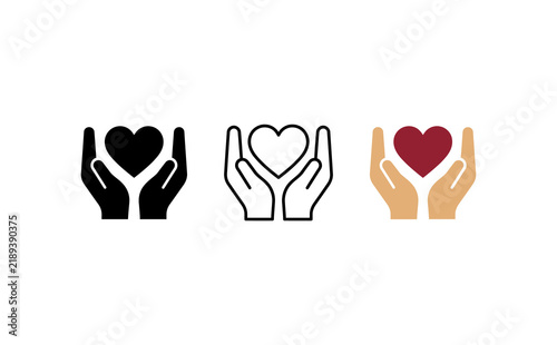 Heart in hands icon set, charity and care concept symbols, vector illustration of hands holding heart for donation and support