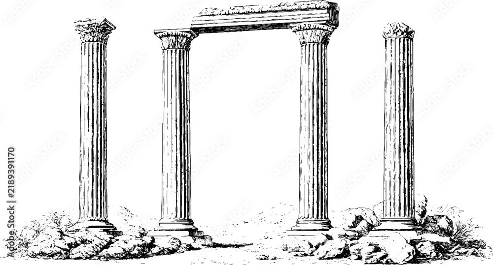 Obraz premium Classical roman columns and broken arch engraving of ancient ruins for architectural background and frame design