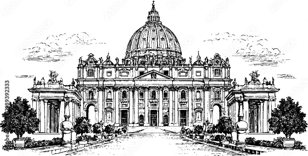 Obraz premium Antique engraved st. peter basilica architectural line drawing in black and white isolated on white for historical poster or background design