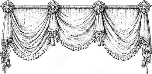 Antique engraved decorative valance swag isolated on white background for vintage interior design border or header
