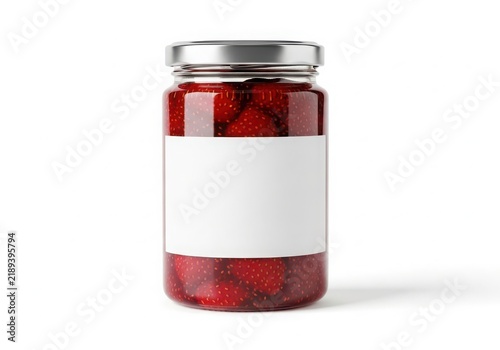 Jar of fresh strawberry jam with metal lid isolated on white background