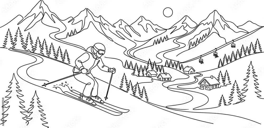 Obraz premium Mountain Skiing Landscape Line Art with Skier Pine Trees Village Cable Cars and Snowy Peaks