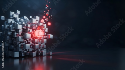 Metallic cubes structure with glowing red accents.
