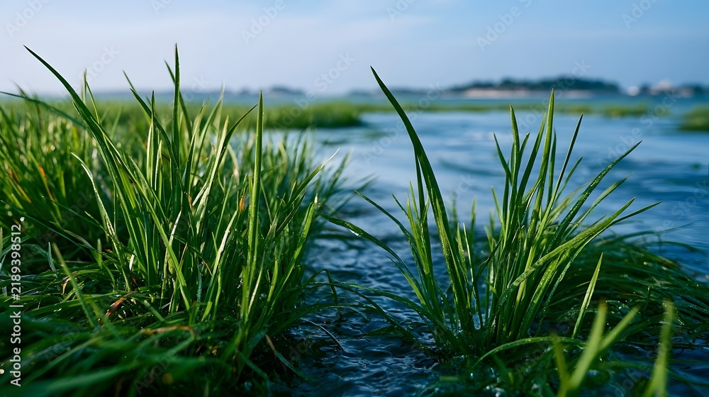 Obraz premium Fresh green grass blades emerge from calm blue water under bright sky with distant land visible on horizon
