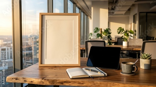 Modern Office Desk with Blank Frame and City View at Sunset.