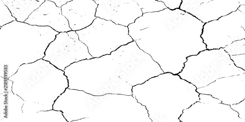 A high-contrast, black and white texture overlay of extensively cracked and distressed dry ground, featuring jagged, organic fissures and subtle granular details against a stark white background.