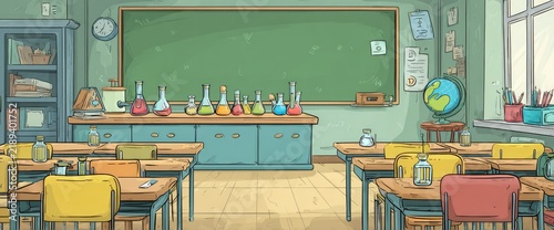 Colorful school classroom with lab equipment
