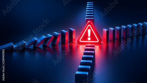 Crisis management and risk prevention concept with glowing red warning sign stopping falling dominoes