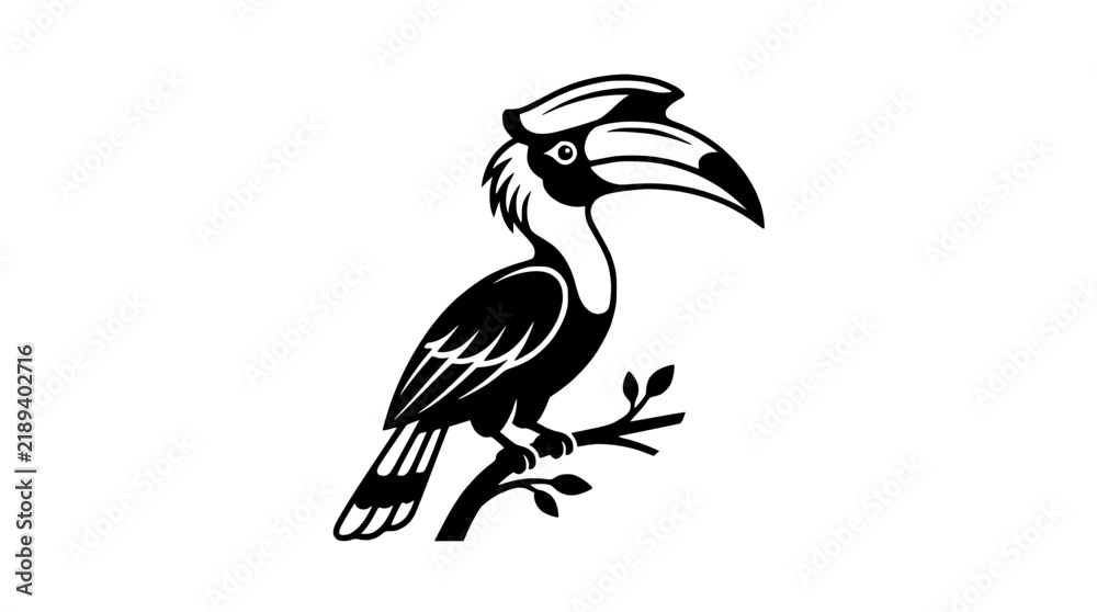 Obraz premium Stylized Hornbill Bird Silhouette Perched on Branch, Minimalist Design