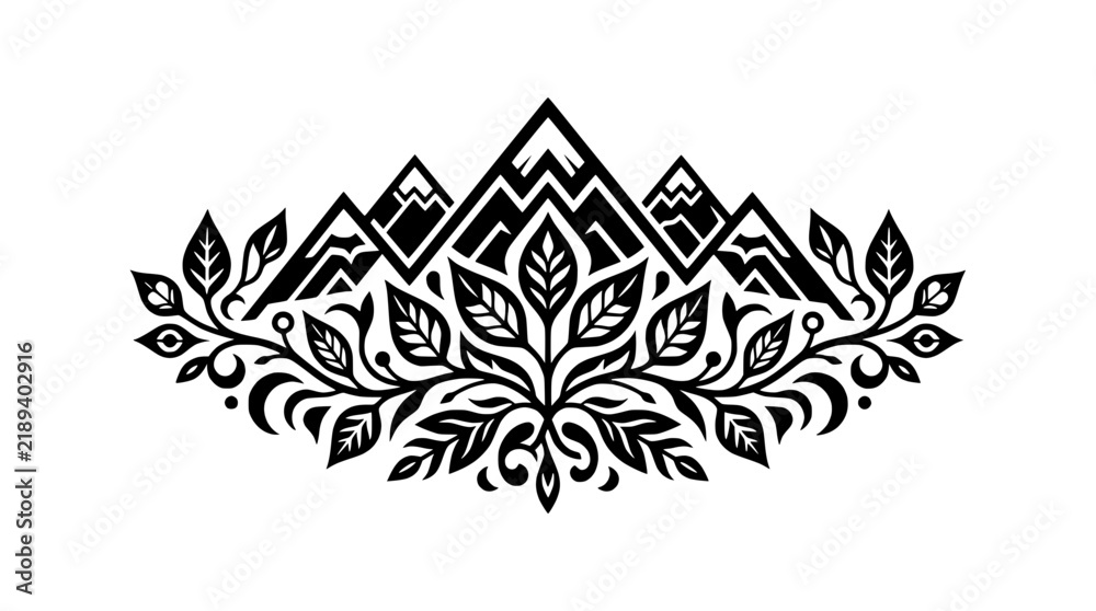 Fototapeta premium Abstract Mountains and Leaves Emblem