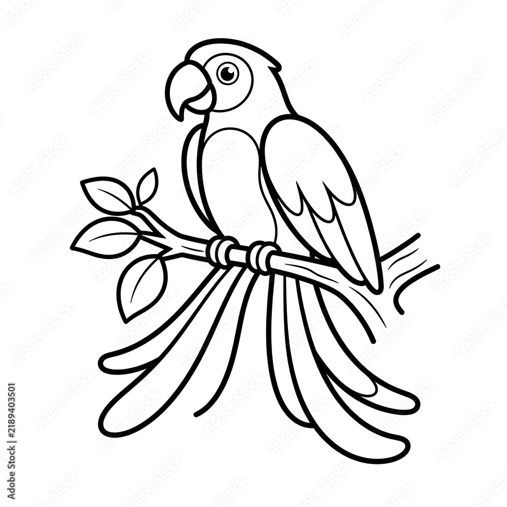 Obraz premium Tropical Macaw Parrot Black Outline Coloring Page for Kids