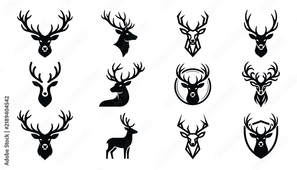 Fototapeta premium Deer Head and Antler Silhouette Logo Icon Set Featuring Stag Buck Profiles, Geometric Designs, and Shield Crest Badges for Hunting and Wilderness Branding