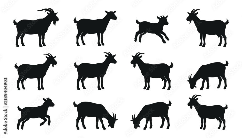 Fototapeta premium Goat Silhouette Icon Set Featuring Domestic Farm Animals in Various Poses for Rural Graphic Designs, Cutting Machines, and Agriculture Logo Concepts