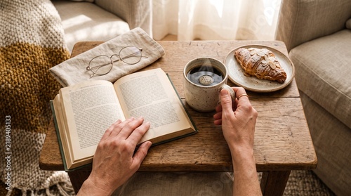 Person reading book drinking coffee