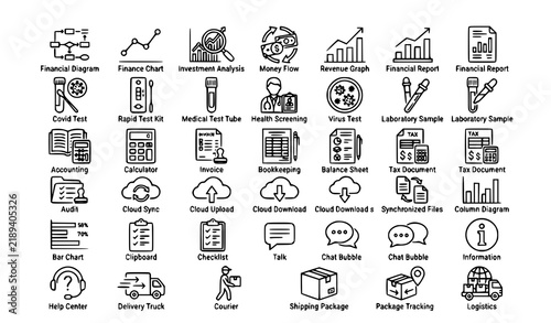 Financial Diagram Covid Test Accounting Cloud Sync Column Diagram Clipboard Outline Line Icons Set