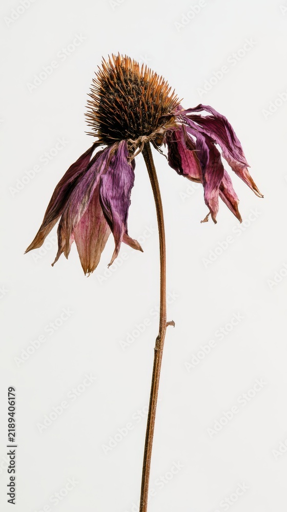 Obraz premium Single dried Echinacea flower head, central cone with intricate texture, withered purple petals, full stem, minimalist white background.