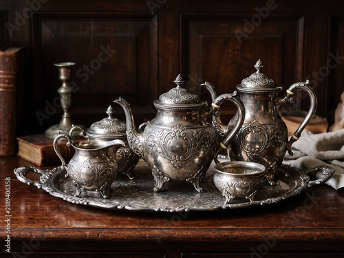 Antique sterling silver tea set with ornate teapot and sugar bowl displayed on vintage tray