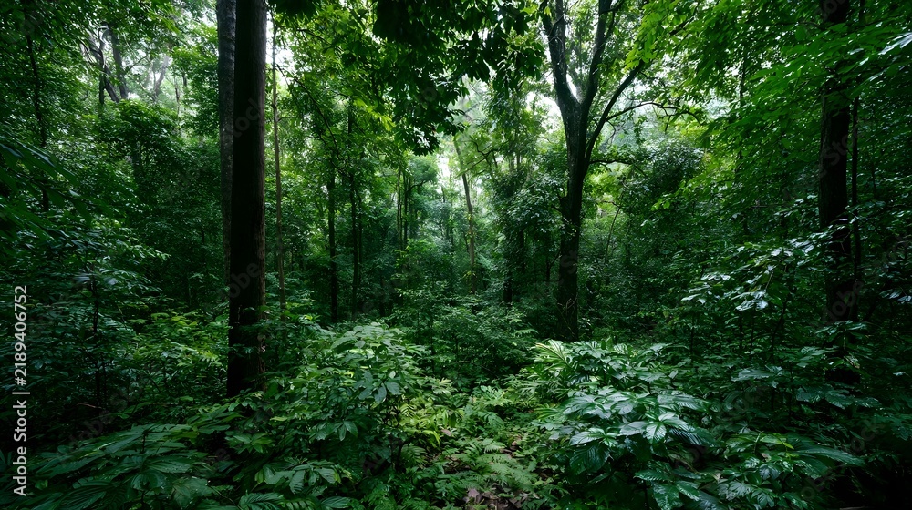 Fototapeta premium A dense tropical rainforest with towering trees lush undergrowth and vibrant green foliage creating a serene natural environment