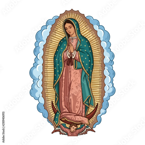 Virgin of Guadalupe religious illustration with Mary praying and blue cloak