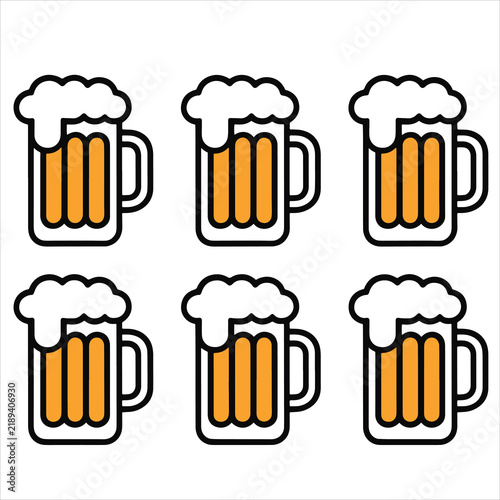 Collection of Beer Mug Icons with Foamy Tops, Colorful Beverage Symbols for Oktoberfest, Bar and Celebration Designs