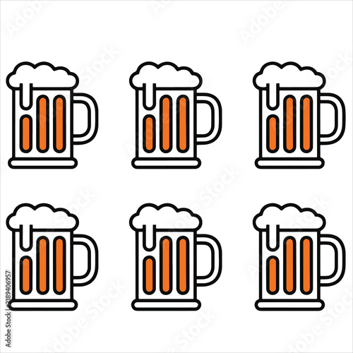 Collection of Beer Mug Icons with Foamy Tops, Colorful Beverage Symbols for Oktoberfest, Bar and Celebration Designs