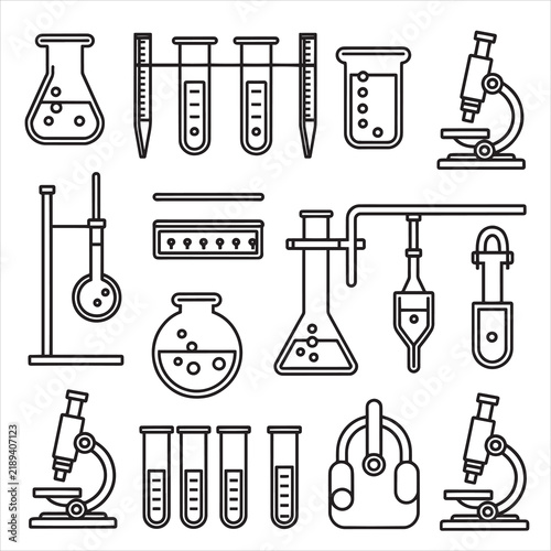 Laboratory Equipment and Scientific Glassware Collection, Black Outline Chemistry and Research Vector Illustration Set