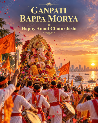 Ganpati Bappa Morya Happy Anant Chaturdashi procession during sunset