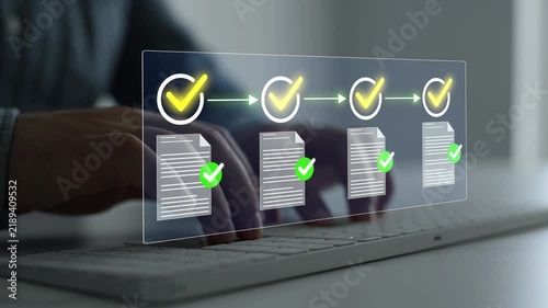 Digital task management interface with completed checklist items and verification marks. Business workflow concept focused on organization, productivity, project tracking and operational success.	
