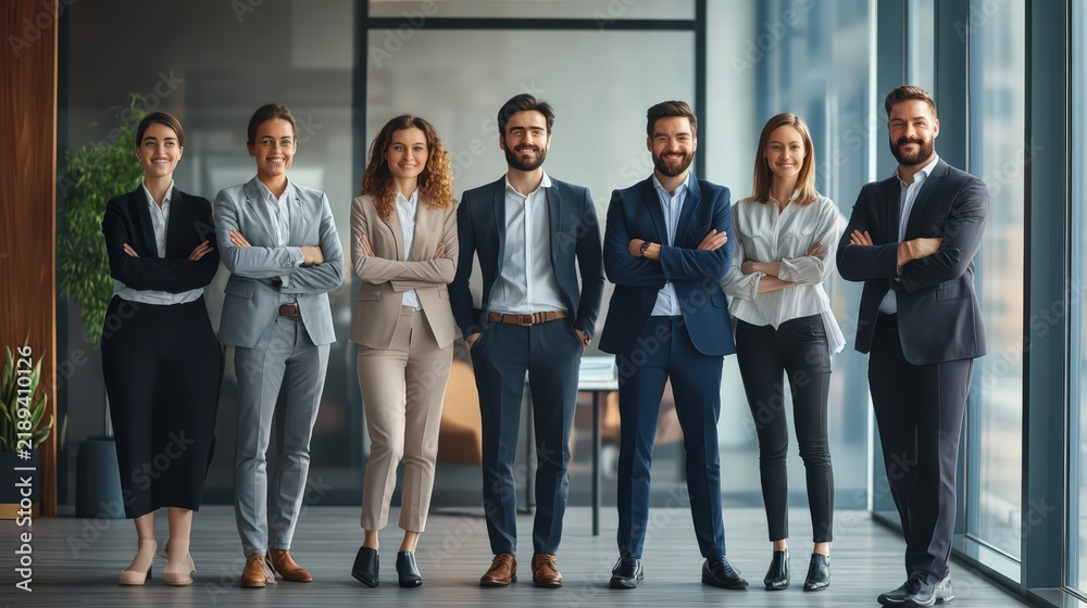 Fototapeta premium Executive Team Silhouette: Diverse Business Leaders Overlooking Cityscape - Partnership, Strategy, and Vision
