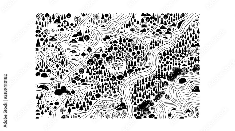 Fototapeta premium Whimsical Black and White Forest Map with Rivers and Trees