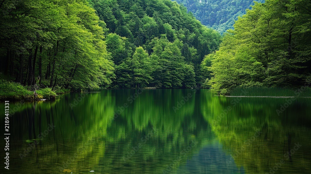 Fototapeta premium Calm lake reflecting lush green forest landscape on a serene summer day, idyllic peaceful nature scene.
