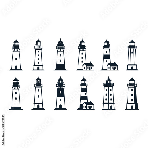 Nautical lighthouse icon set featuring black maritime beacon silhouettes