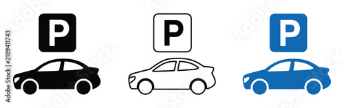 Quadro su tela Parking Signage Collection: A set of three distinct parking signs, each featuring the iconic 'P' symbol above a silhouette of a car, showcasing variations in style and color